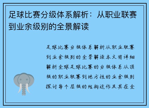 足球比赛分级体系解析：从职业联赛到业余级别的全景解读